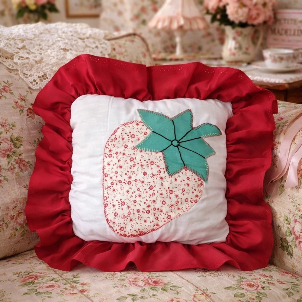 🍓 5 FOR $40 VTG Strawberry handmade appliqué Cottagecore coquette throw pillow